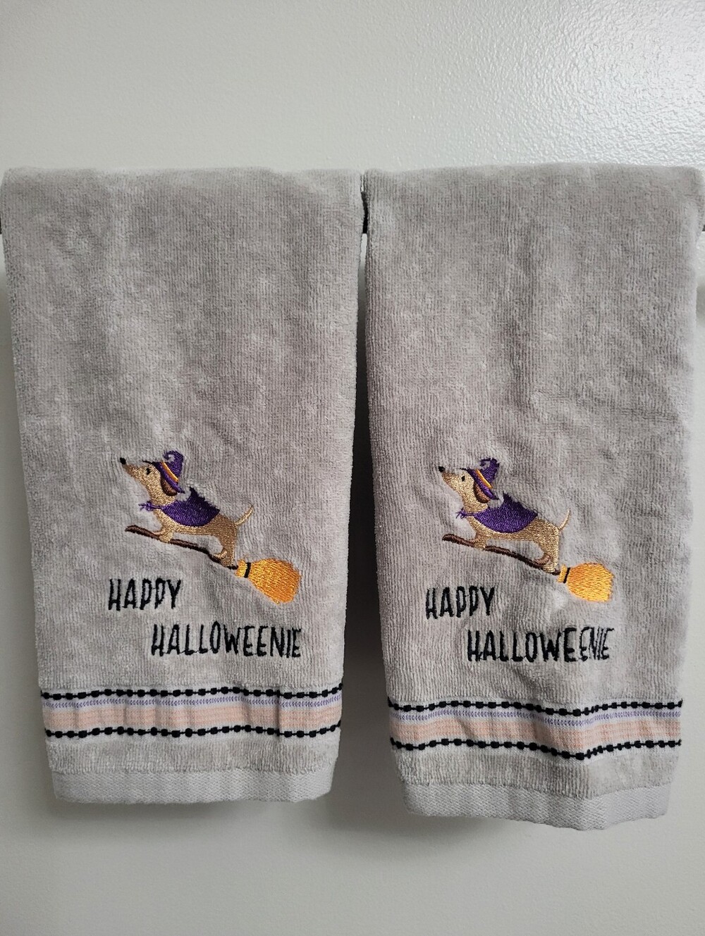 Happy Halloweenie Gray Embroidered Halloween Hand Towels, Set Of 2